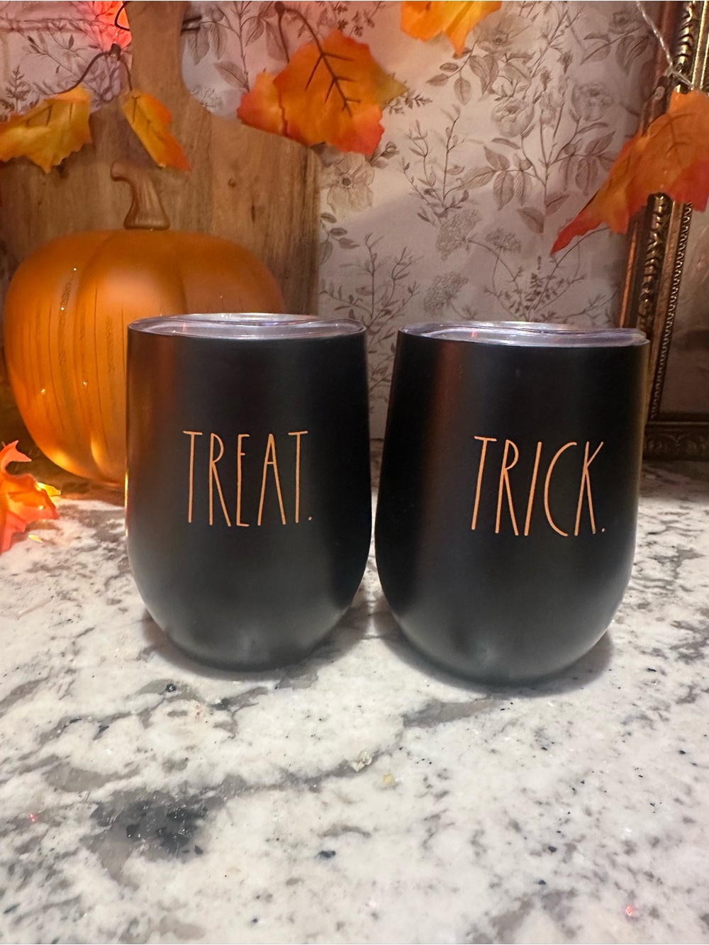 Rae Dunn Black "Treat" and "Trick" Halloween Insulated Drink Tumblers